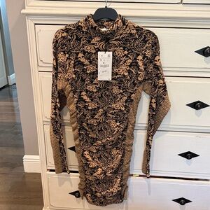 Zara Black and Tan Long Sleeve Printed Bodycon Dress